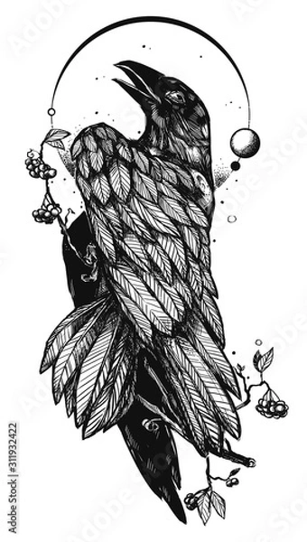 Fototapeta Hand drawn illustration with a Raven or Crow. Tattoo stencil style. Gothic drawing with a bird and dry branch of berries.