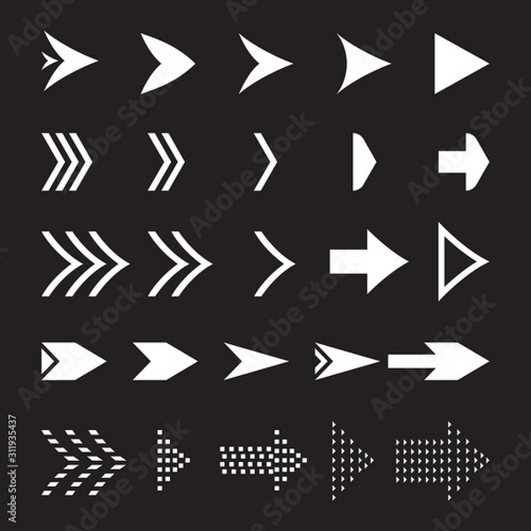 Obraz Set of white arrow vector collection with black background. Arrow set collection vector design