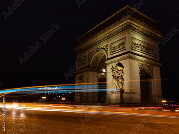 Obraz View of famous Arc de Triomphe in Charles de Gaulle square at night in Paris, France