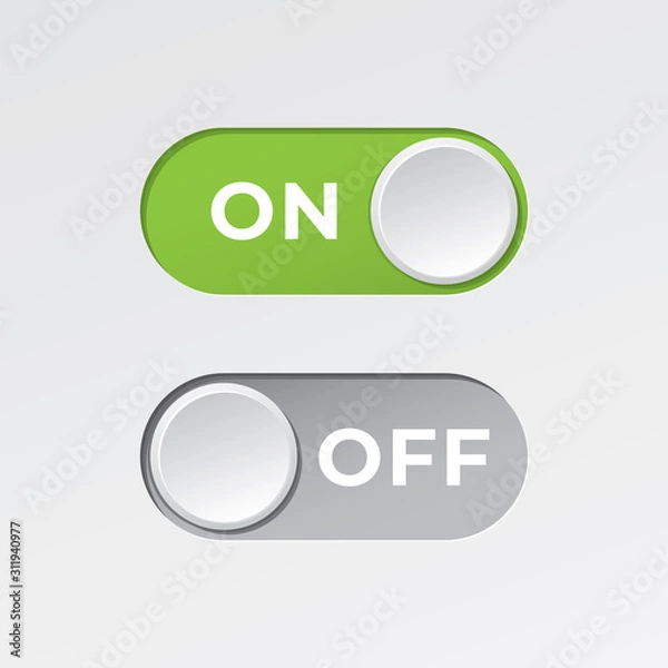 Fototapeta On and Off Toggle Switch Buttons with Lettering Modern Devices User Interface Mockup or Template - Green and Grey on White Background - Gradient Graphic Design