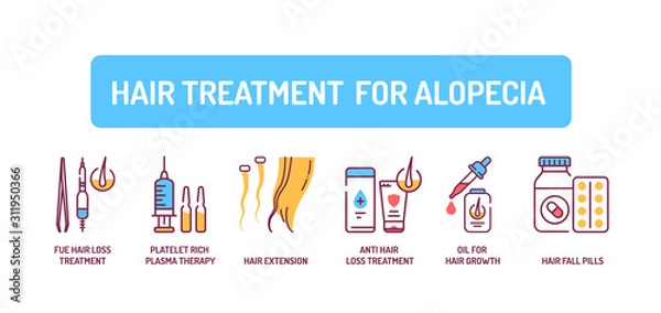 Fototapeta Hair treatment for alopecia color line icons set. Tools and actions that can help cure baldness. Alopecia. Pictogram for web page, mobile app, promo. UI UX GUI design element. Editable stroke.