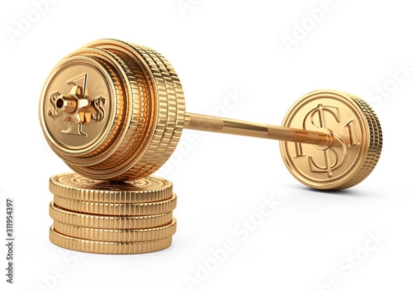Obraz Barbell on a piles coins. Big business concept. Earnings in sports competitions.