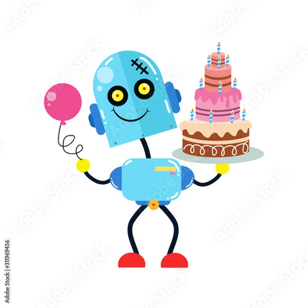 Fototapeta Fun Robot Activity with Birthday Cake. Boy Robot Robots. Cartoon Cute Vector Template Design Illustration