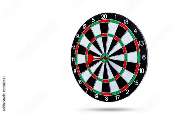 Obraz Red dart arrow hitting in the target center is Dart board Isolated on White background