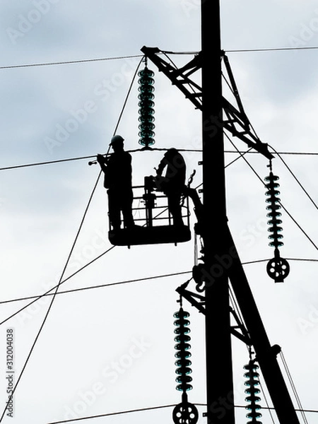 Fototapeta Assembly and installation of new support of a power line