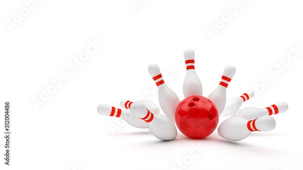 Obraz 3D Bowling Ball and Pins, uderz w kręgle na białym tle.