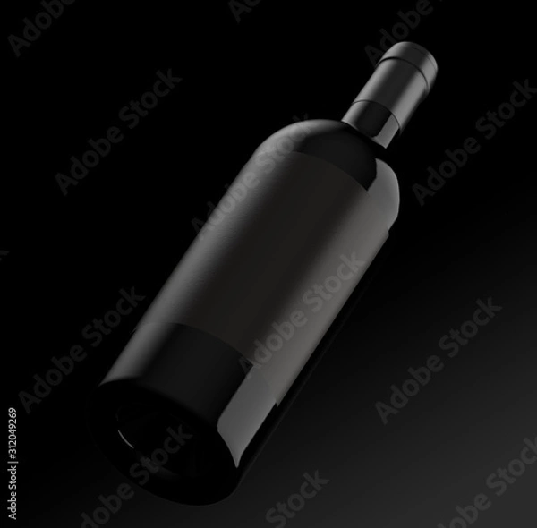 Obraz Red wine bottle on black background. Diagonal top view for mockup and packshot, 3d rendering.