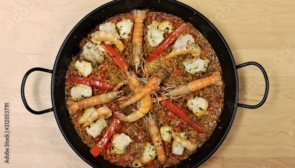 Fototapeta Vegetables and Fish used to cook Paella in the typical Spanish Way. This Spanish speciality can be made with seafood or meat