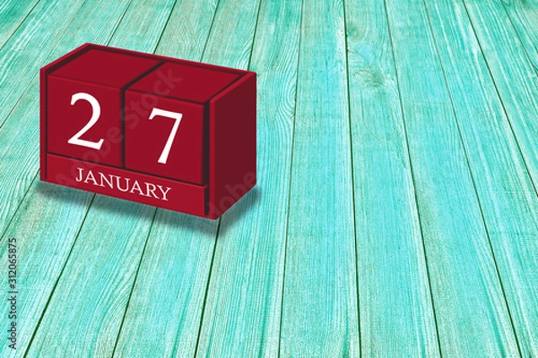 Fototapeta January 27th, Day 27 of january month, Red calendar on workplace green wood, Empty space for text, Copy space right