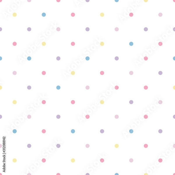 Obraz Vector seamless pattern pastel rainbow with yellow, blue, pink, purple polka dots and white background.