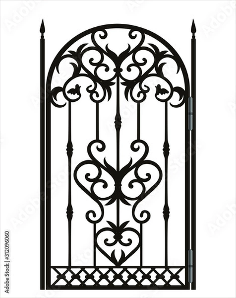 Fototapeta Forged fence. Gothic door, vector design. Decorative garden gate. Metal pattern or iron wicket for garden, castel. Rich ornament. Scroll-work