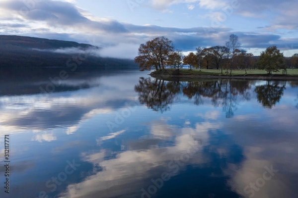 Obraz Breathtaking vibrant aerial drone landscape images over Coniston Water at sunrise on beautiful Autumn Fall morning