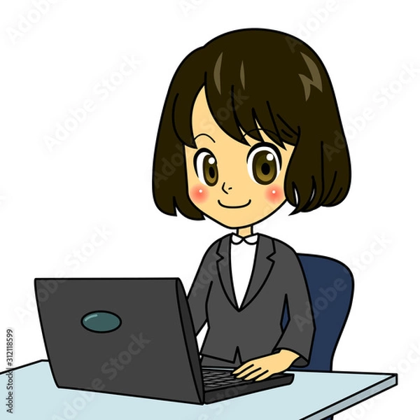 Fototapeta まんがふつう女子パソコンの前でニッコリ