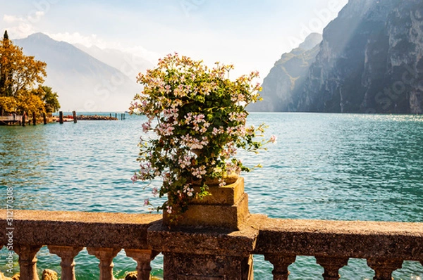 Fototapeta Beautiful Garda lake promenade with classic stone fence railings built on the edge with flowerpots with blooming white flowers. Garda lake surrounded by the high dolomite mountains on the background