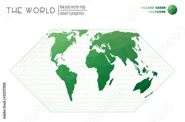 Fototapeta Low poly design of the world. Eckert II projection of the world. Yellow-Green colored polygons. Contemporary vector illustration.