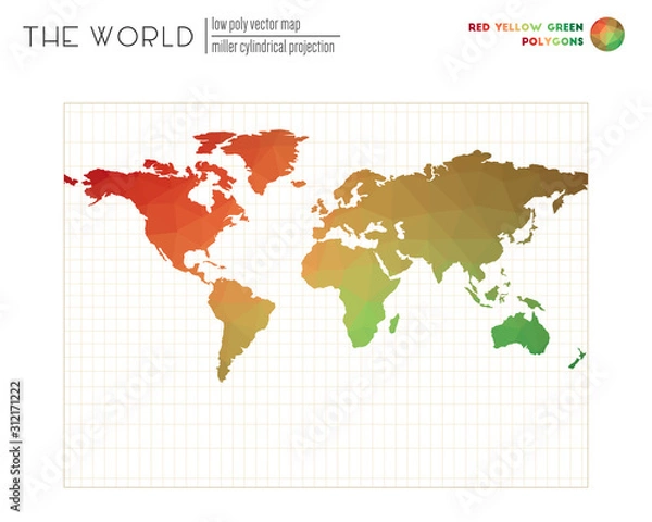 Fototapeta World map in polygonal style. Miller cylindrical projection of the world. Red, Yellow, and Green colored polygons. Stylish vector illustration.