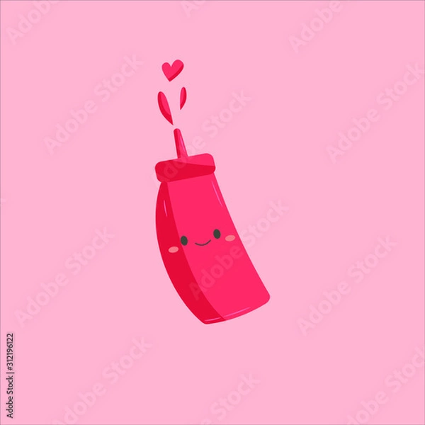 Obraz Vector flat illustration with kawaii bottle tomato ketchup. Cute cartoon ketchup isolated on a pink background.