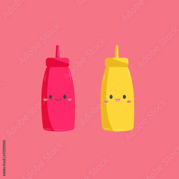 Obraz Vector flat illustration with kawaii bottle mustard and happy tomato ketchup. Cute cartoon ketchup and mustard stand together isolated on a pink background.