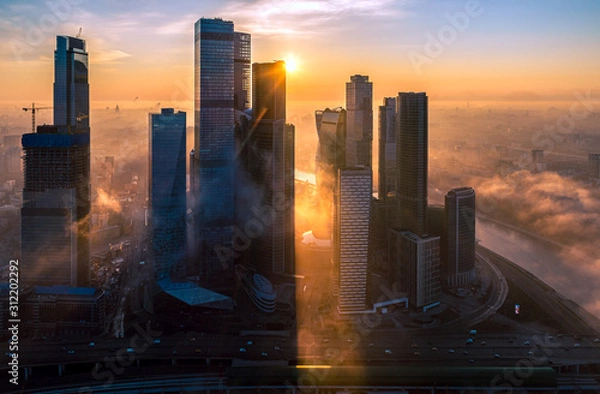 Obraz A aerial view of towers of the Moscow International Business Centre also known as Moscow City at dawn.
