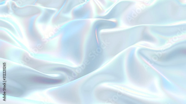 Fototapeta 3D render beautiful folds of white silk in full screen, like a beautiful clean fabric background. Simple soft background with smooth folds like waves on a liquid surface. Nacre 3