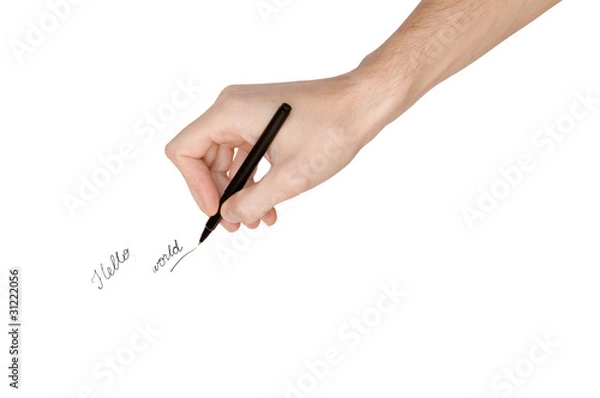 Fototapeta Pen in man's hand drowing "Hello world", isolated on white