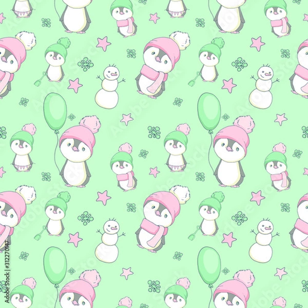 Obraz seamless pattern with cute penguins in hat