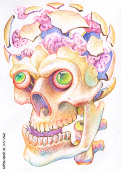 Fototapeta Drawing with colored pencils. Human skull - exploded skull with bones, brains, and eyes.