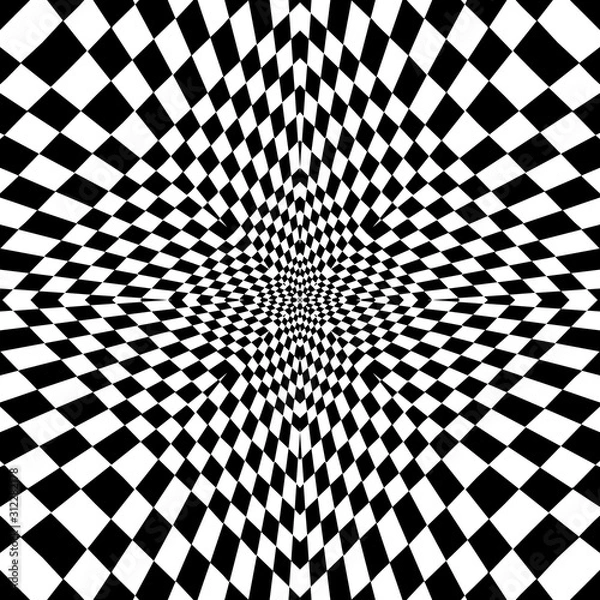 Fototapeta Black and white geometric vector seamless pattern. Checkered plaid background with optical illusion effect. Modern repeat abstract backdrop. Elegant trendy ornate design with radial squares, shapes