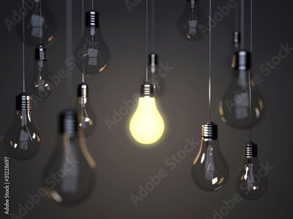 Obraz Light bulbs with one bright light bulb