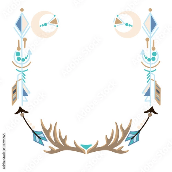 Fototapeta Round Frame with indian feathers and patterns and leaves on colored round background. Vector illustration