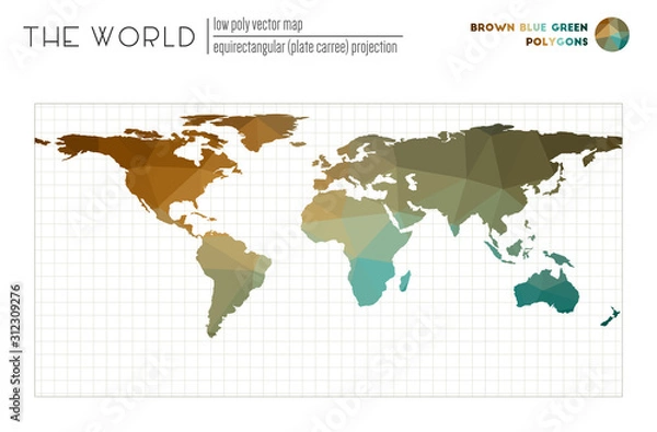 Fototapeta World map with vibrant triangles. Equirectangular (plate carree) projection of the world. Brown, blue, and green colored polygons. Stylish vector illustration.
