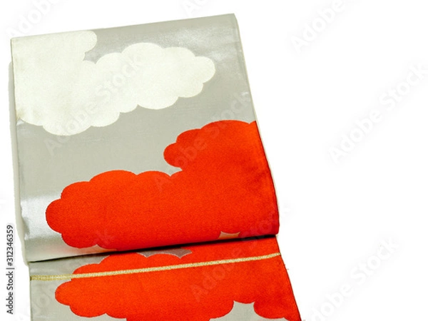 Obraz レトロな袋帯 銀地に赤と白の雲模様