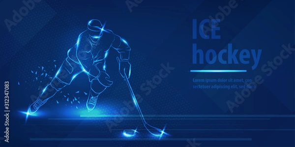 Fototapeta Hockey player on ice with stick shot the puck