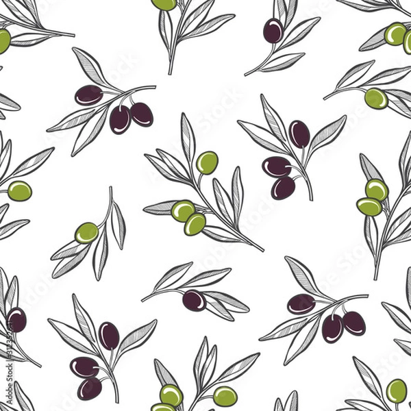 Obraz Olive background. Seamless vector pattern with olive branches on white.