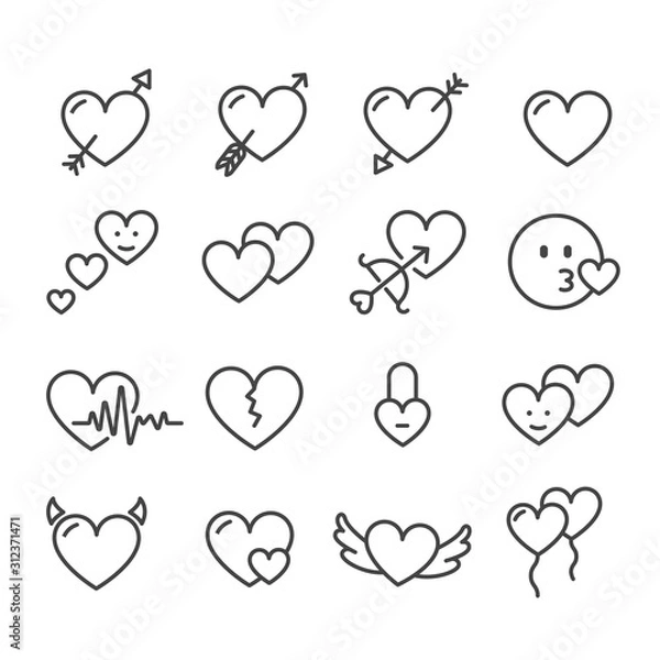 Fototapeta Heart icon set for Valentine's day isolated. Modern outline on white background