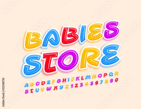 Fototapeta Vector colorful Emblem Babies Store.  Bright Playful Font. Creative Alphabet Letters and Number.