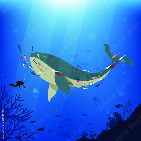Obraz Beautiful Vector Whales and underwater divers.