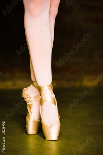 Fototapeta Closeup of elegant ballerina dancers legs and tip toed feet in traditional white lace pointe shoes. Classical ballet technique exercise for abstract dancing classes or balletic theater season backdrop