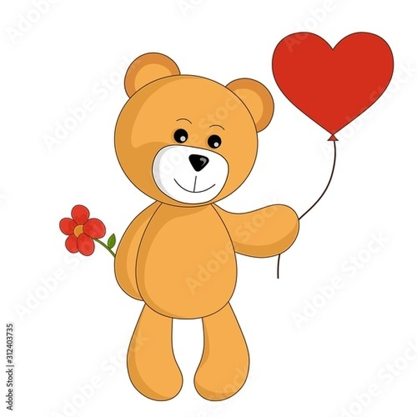 Fototapeta cartoon teddy bear with heart balloon and flower. valentines design element