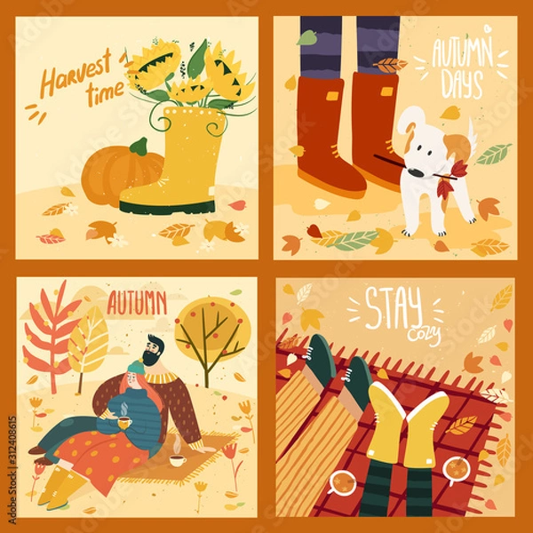Fototapeta Happy cute couple on autumn background with leaves and trees, gumboots and pumpkin, cute dog in leaves, couple on plaid with mulled wine. Illustration is for your card, poster, flyer.