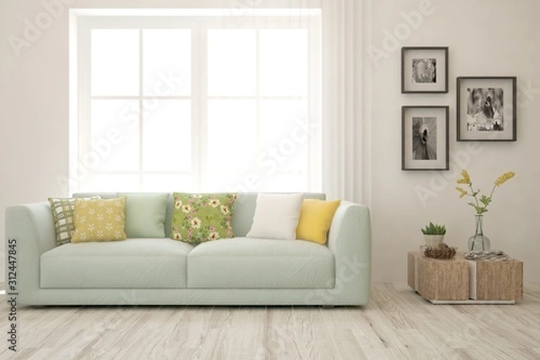 Fototapeta Stylish room in white color with sofa. Scandinavian interior design. 3D illustration