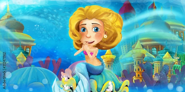 Fototapeta Cartoon ocean and the mermaid in underwater kingdom swimming and having fun - illustration for children