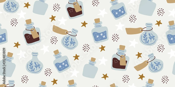 Fototapeta Seamless pattern - colorful magic potion bottles 