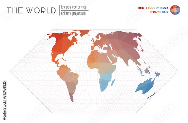 Fototapeta Low poly world map. Eckert II projection of the world. Red, Yellow, and Blue colored polygons. Energetic vector illustration.