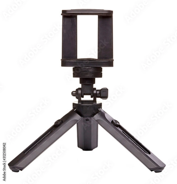 Obraz Small black tripod for smartphone isolated on white background. Close up.