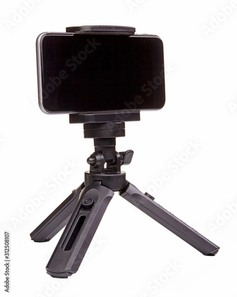 Obraz Small black tripod for smartphone isolated on white background. Close up.