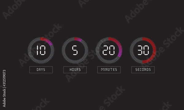 Fototapeta Countdown clock counter timer. Vector digital count down circle board with circle time pie diagram.