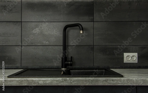 Fototapeta The layout of the elements of the interior of a modern kitchen in a gray style. Model of the interior of the kitchen tap and sink.