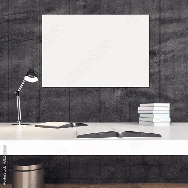Fototapeta Minimalistic office desk with books and blank billboard