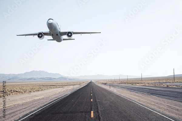 Fototapeta Road with taking off airplane.